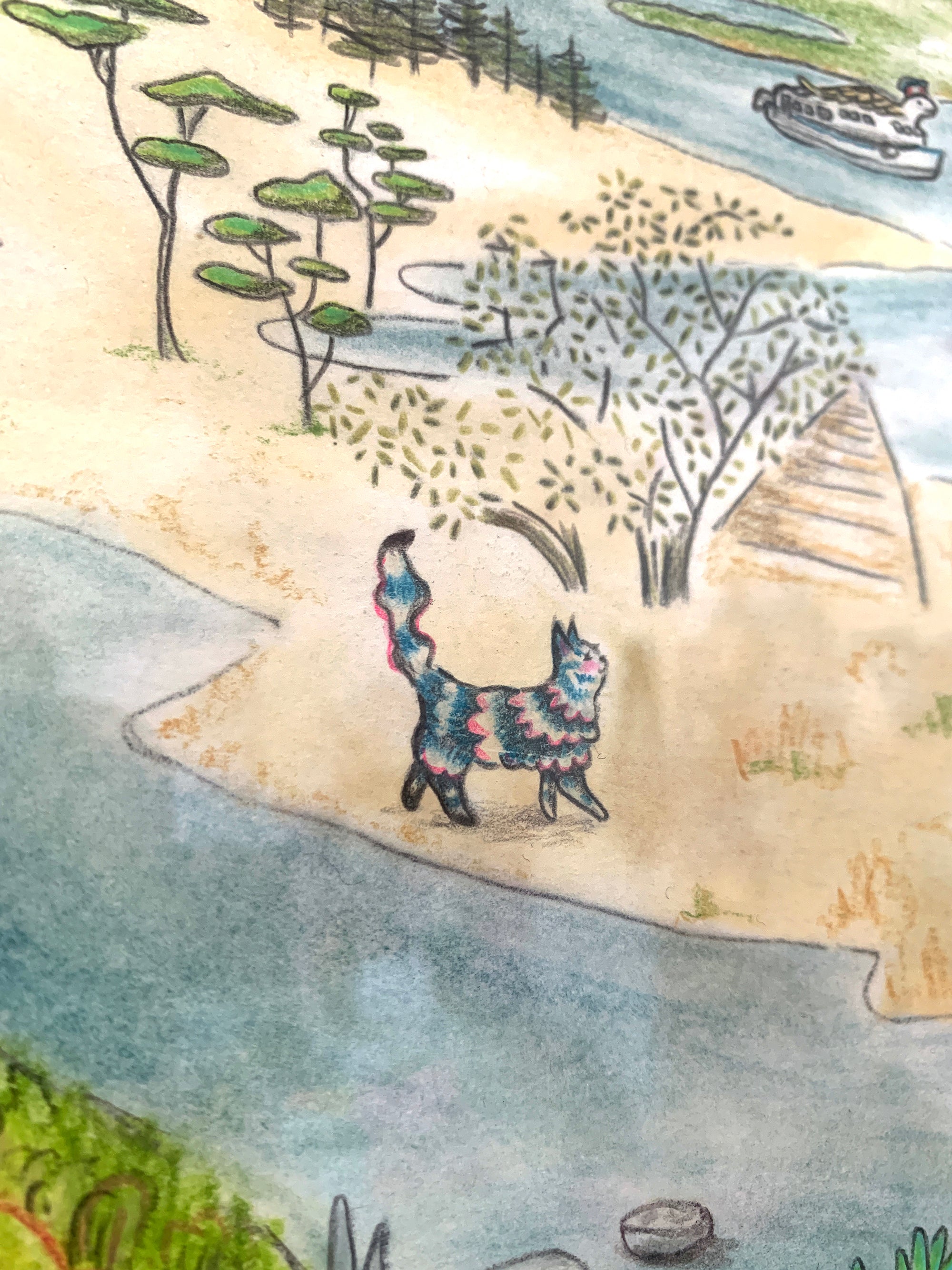 "The Feline Ferry" - Original Illustration from 'The Cat and the Kokedama'