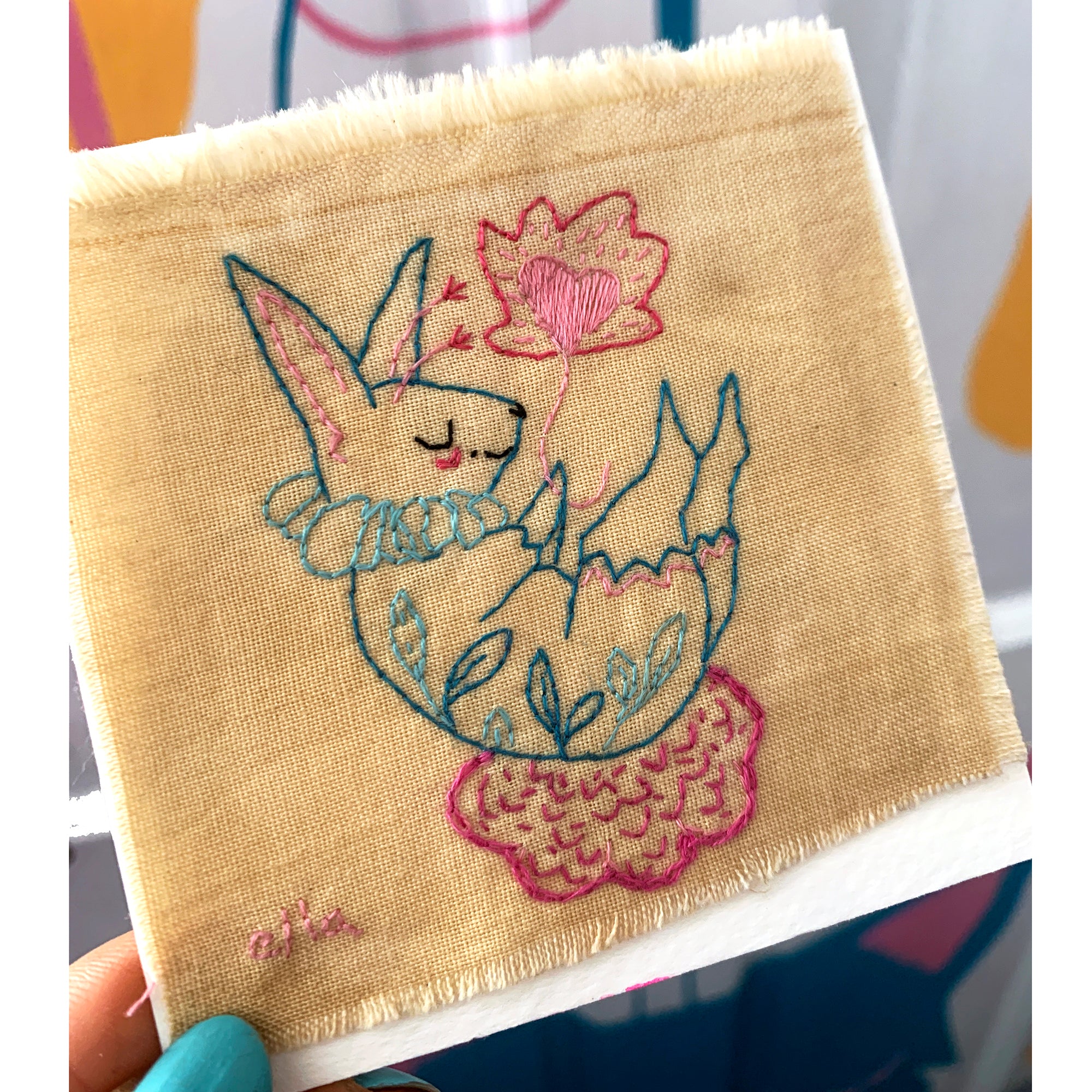 'Soft Landings' - Framed bunny embroidery