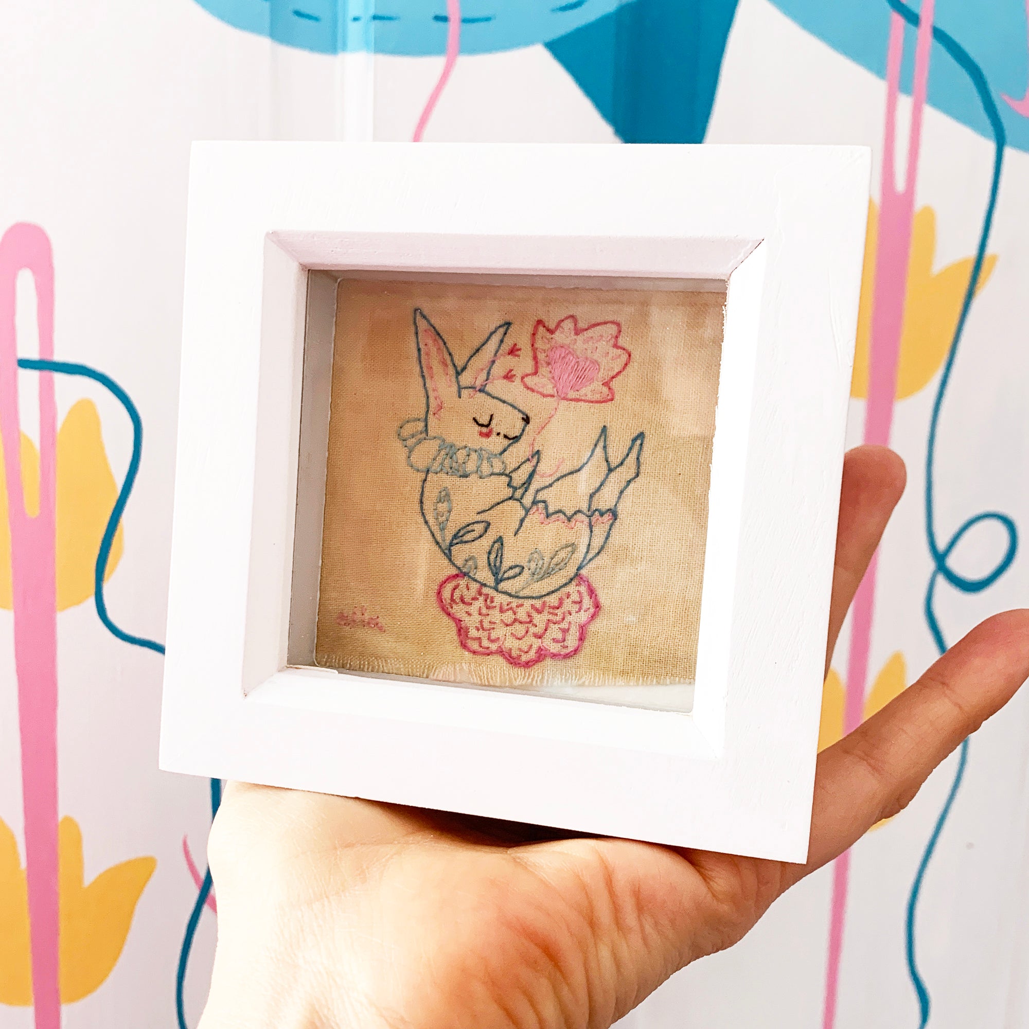 'Soft Landings' - Framed bunny embroidery
