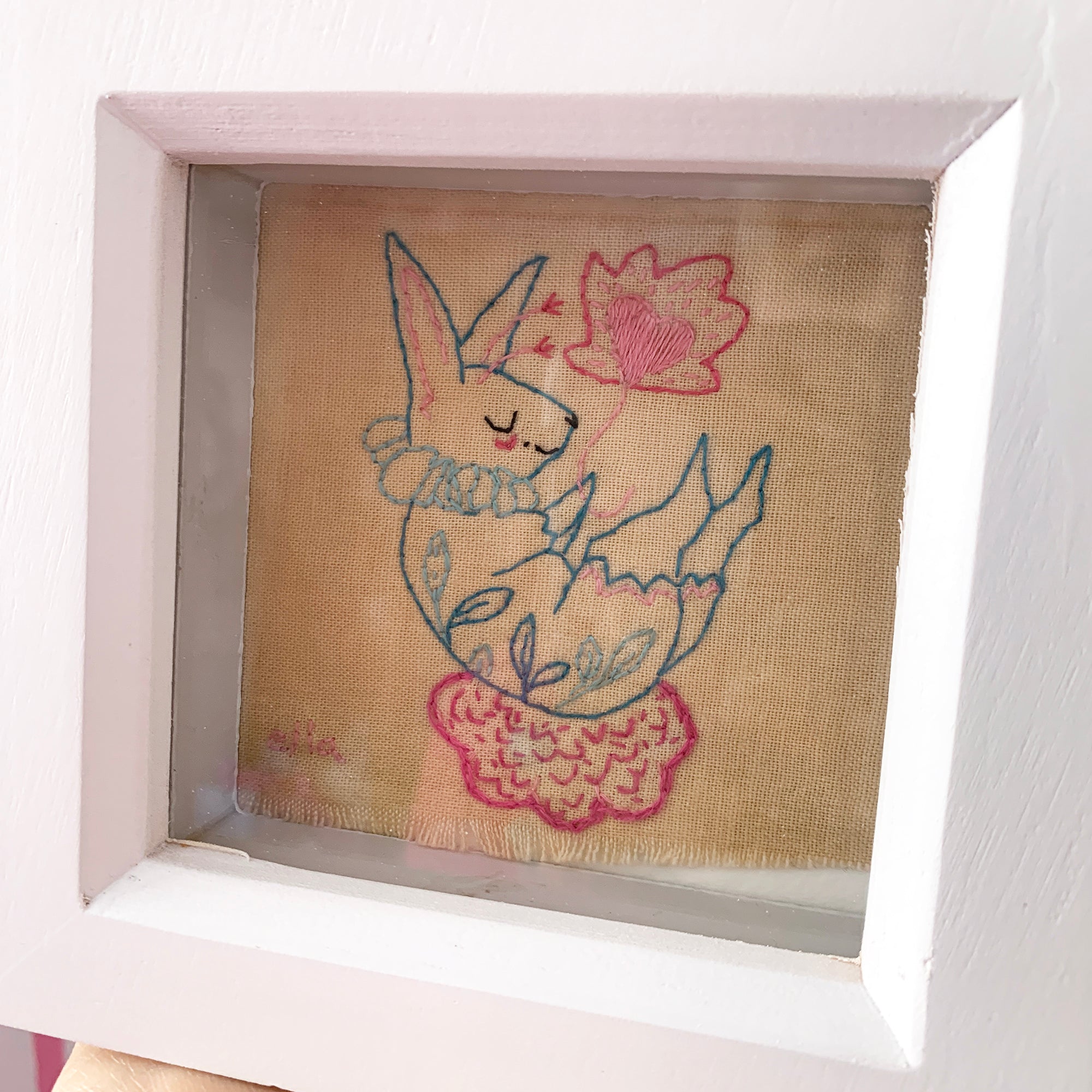 'Soft Landings' - Framed bunny embroidery