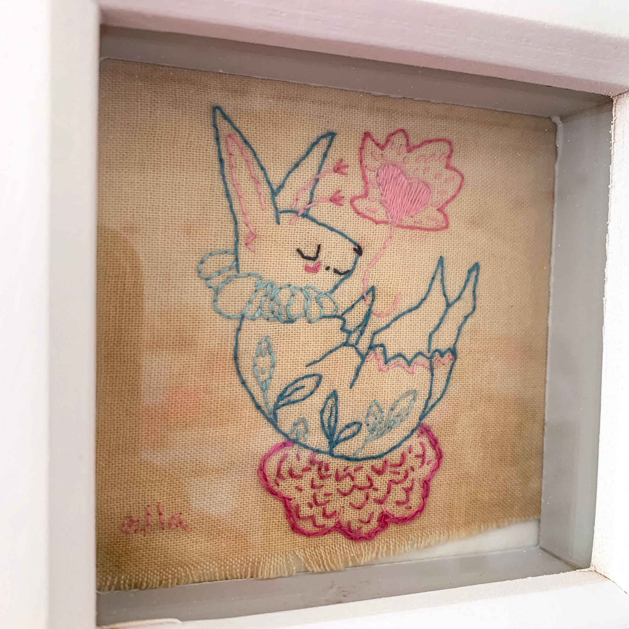 'Soft Landings' - Framed bunny embroidery