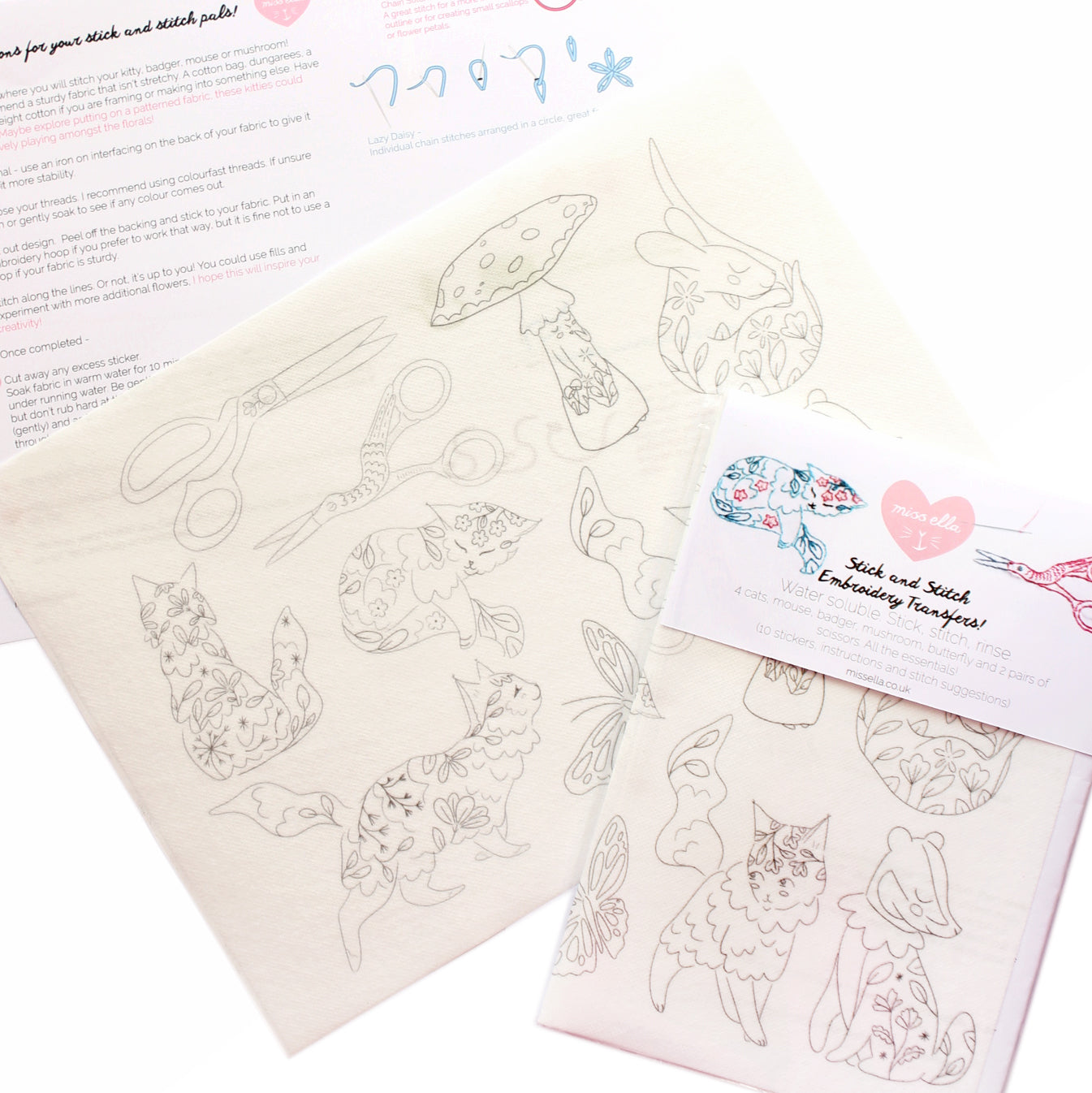Stick and stitch embroidery patterns - cats, mushroom, scissors, mouse and badger! 10 designs