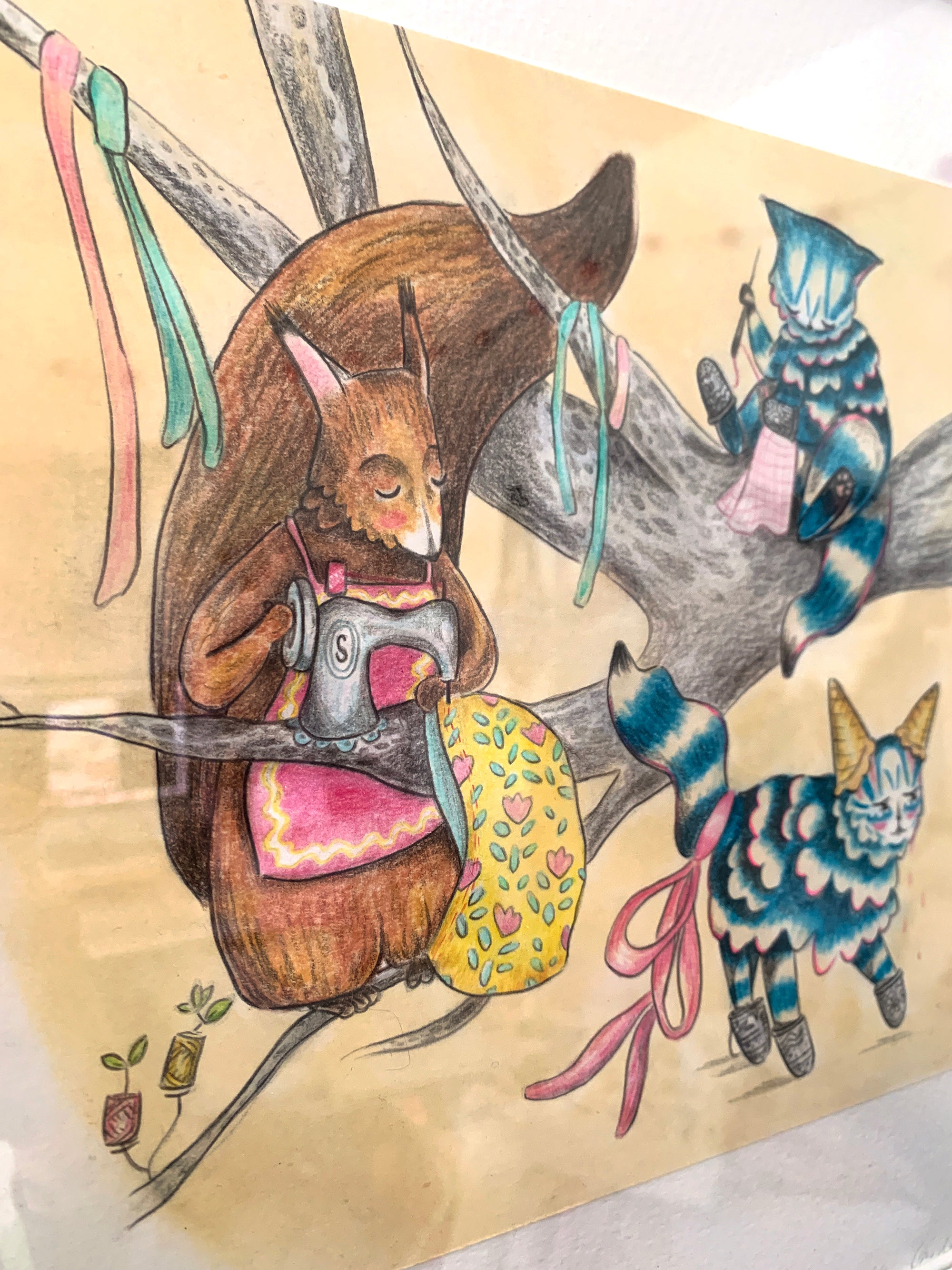 "Sewing Squirrel" - Original Illustration from 'The Cat and the Kokedama'