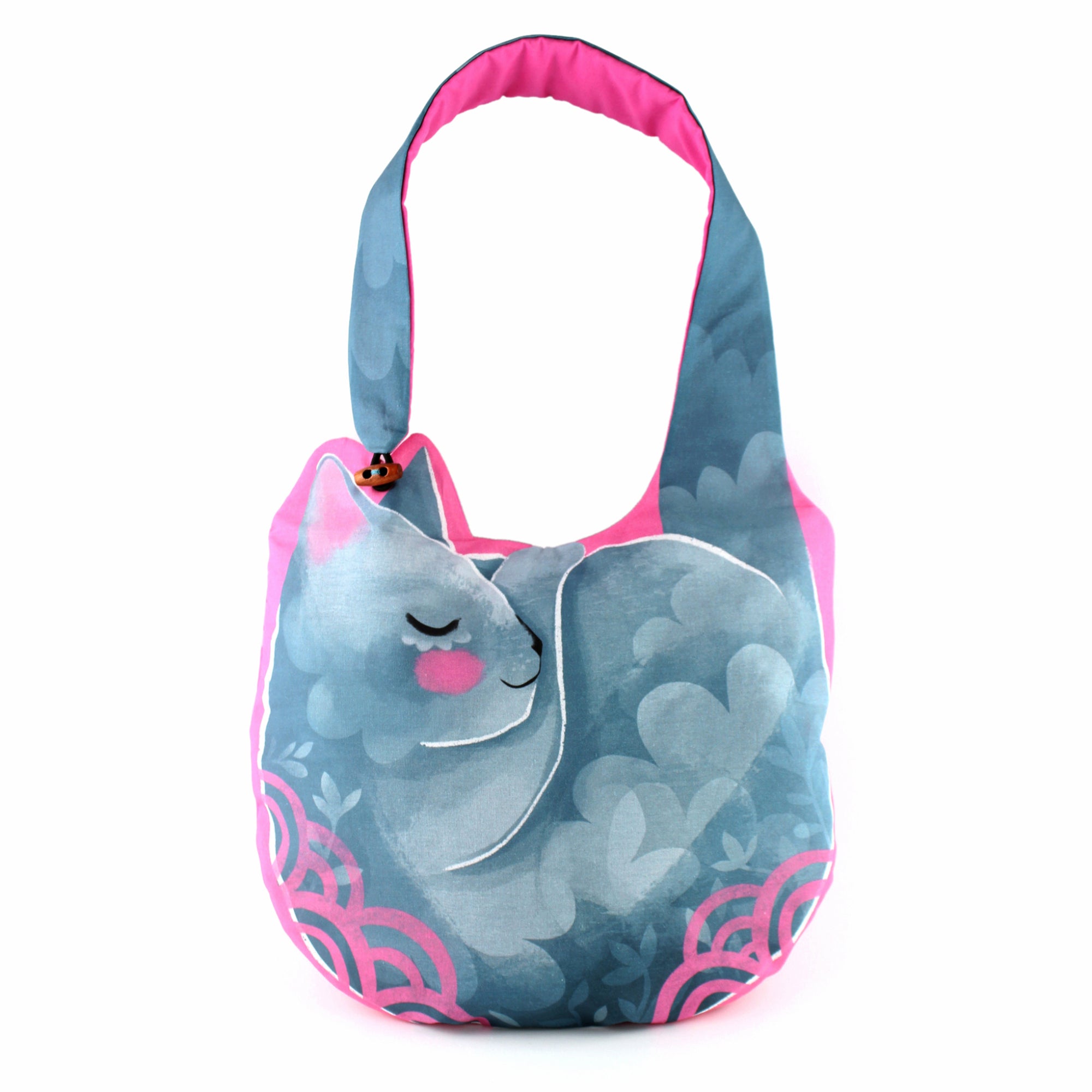 Cat Shoulder Bag - Organic cotton padded bag, optional cross body strap blue