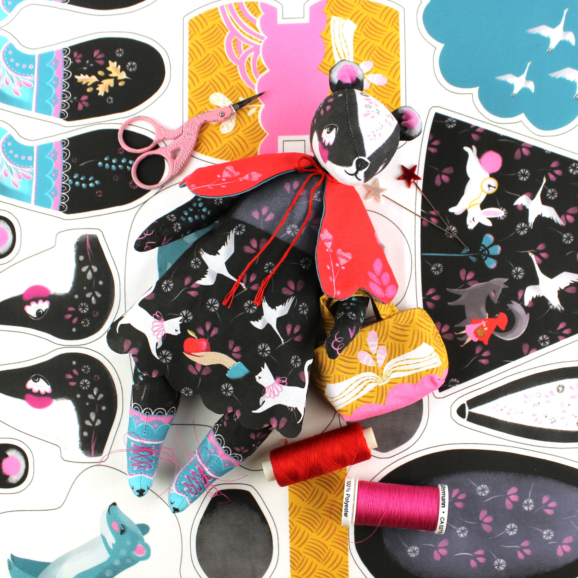 DIY Kit - Bibli the Badger Librarian and the singing Stoat with 2 fairytale books- sewing doll STUFFING NOT included FREE UK SHIPPING