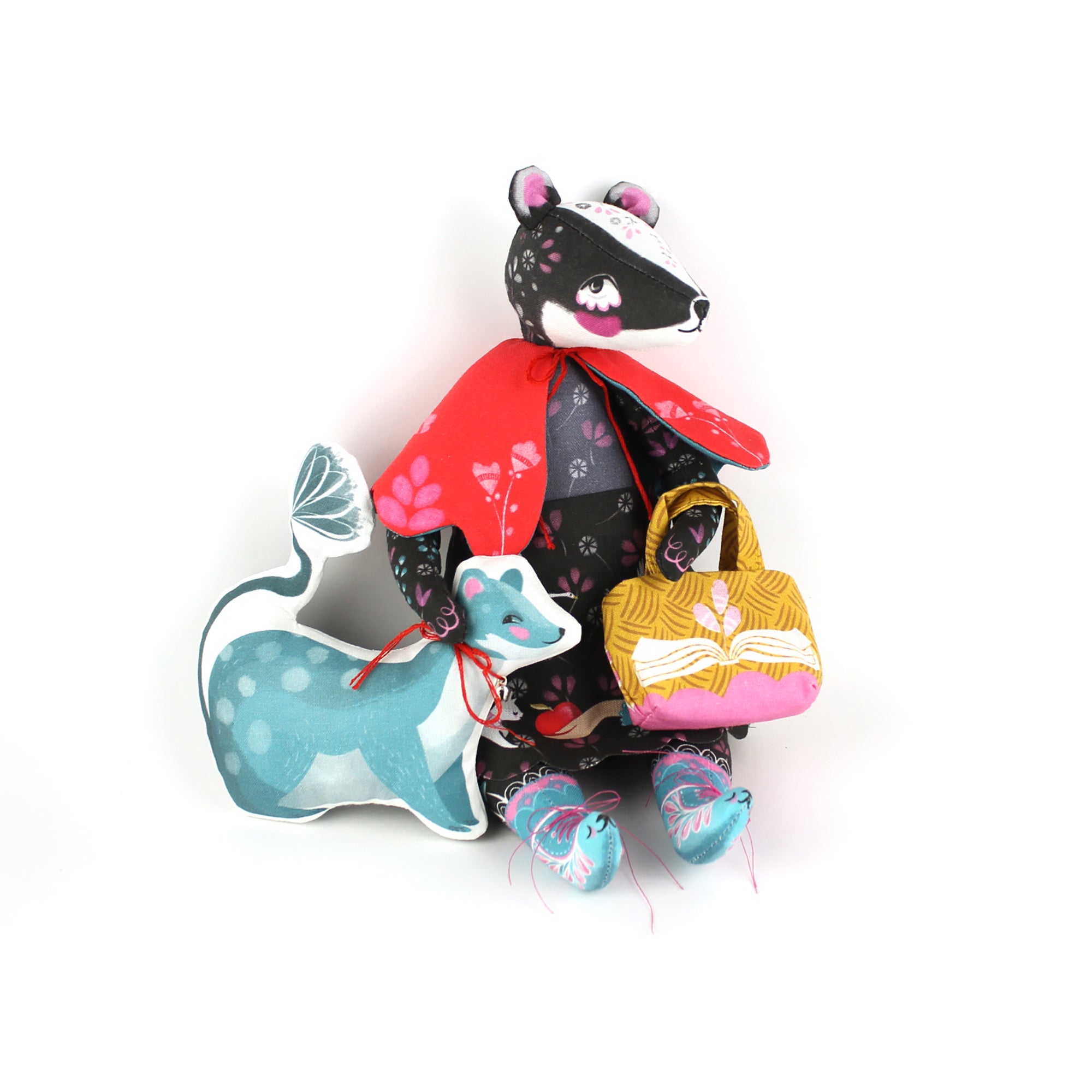 DIY Kit - Bibli the Badger Librarian and the singing Stoat with 2 fairytale books- sewing doll STUFFING NOT included FREE UK SHIPPING