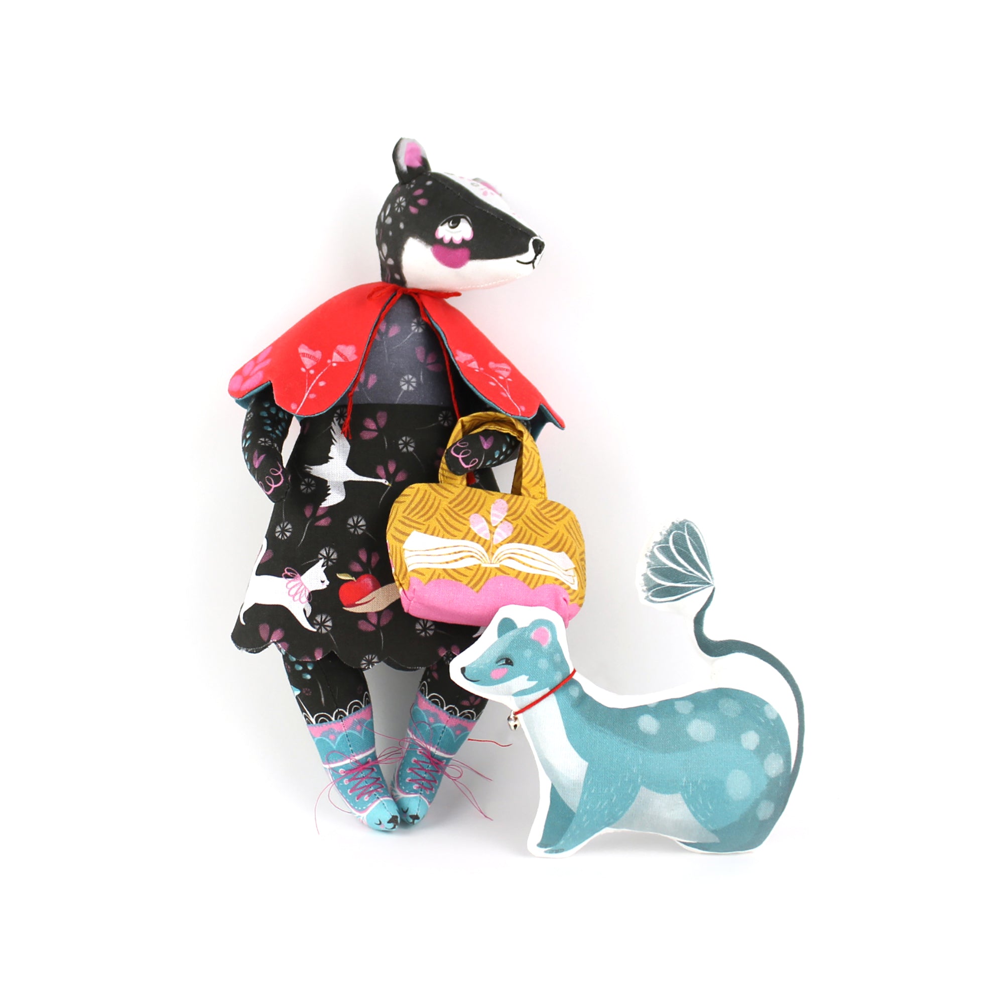 DIY Kit - Bibli the Badger Librarian and the singing Stoat with 2 fairytale books- sewing doll STUFFING NOT included FREE UK SHIPPING