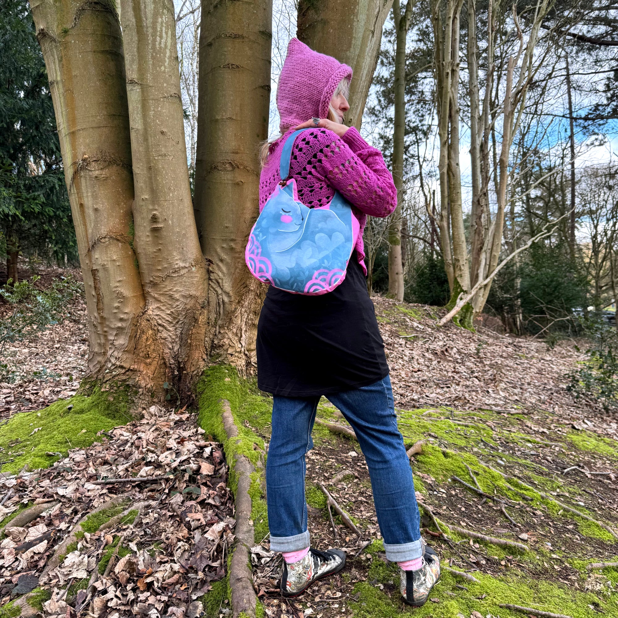 Cat Shoulder Bag - Organic cotton padded bag, optional cross body strap blue