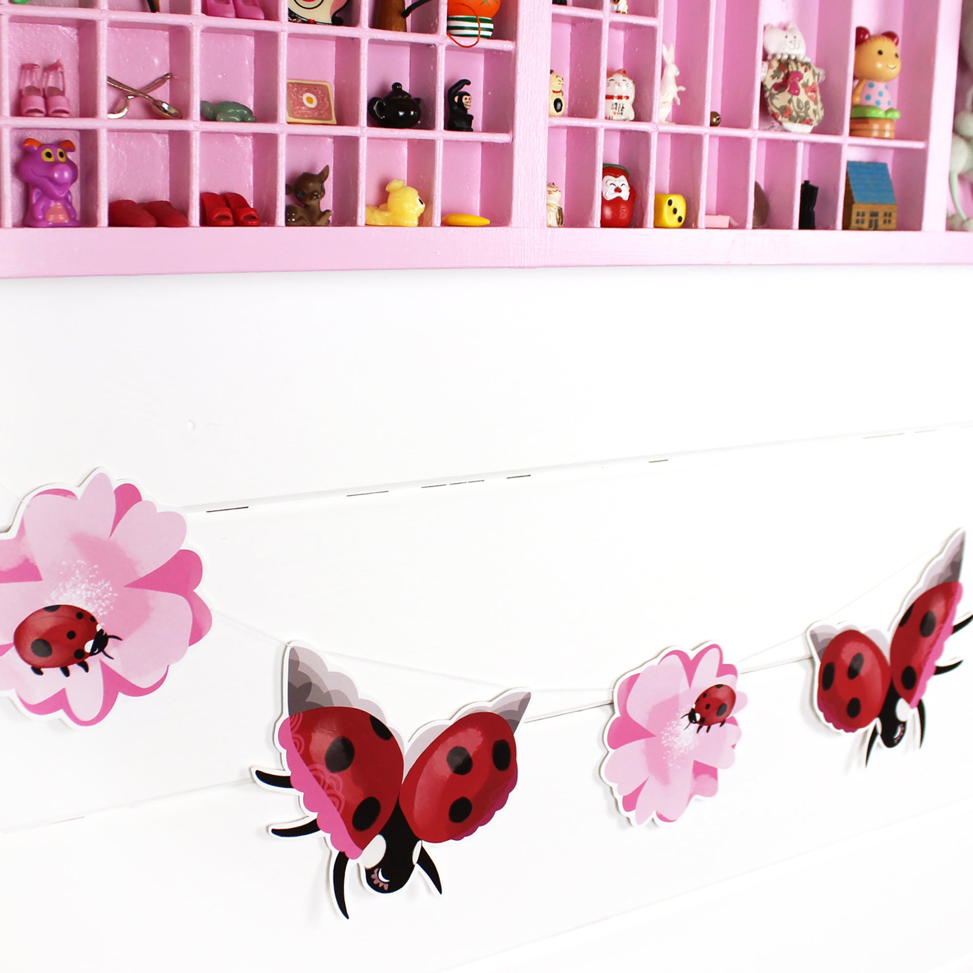 Ladybird Bunting - Card Ladybugs and Pink Sakura Flowers END OF LINE SALE