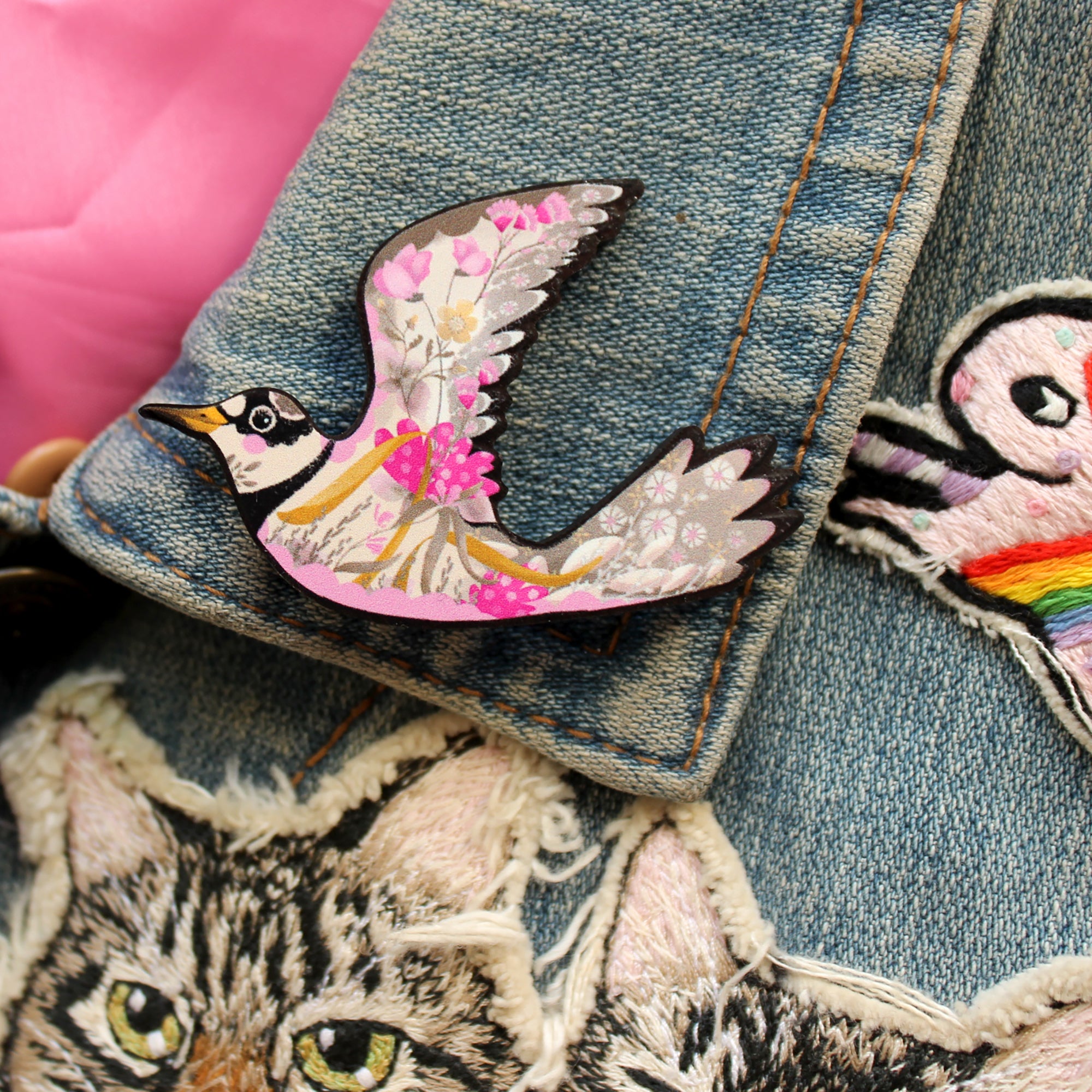 Floral Bird Brooch - Ringed Plover