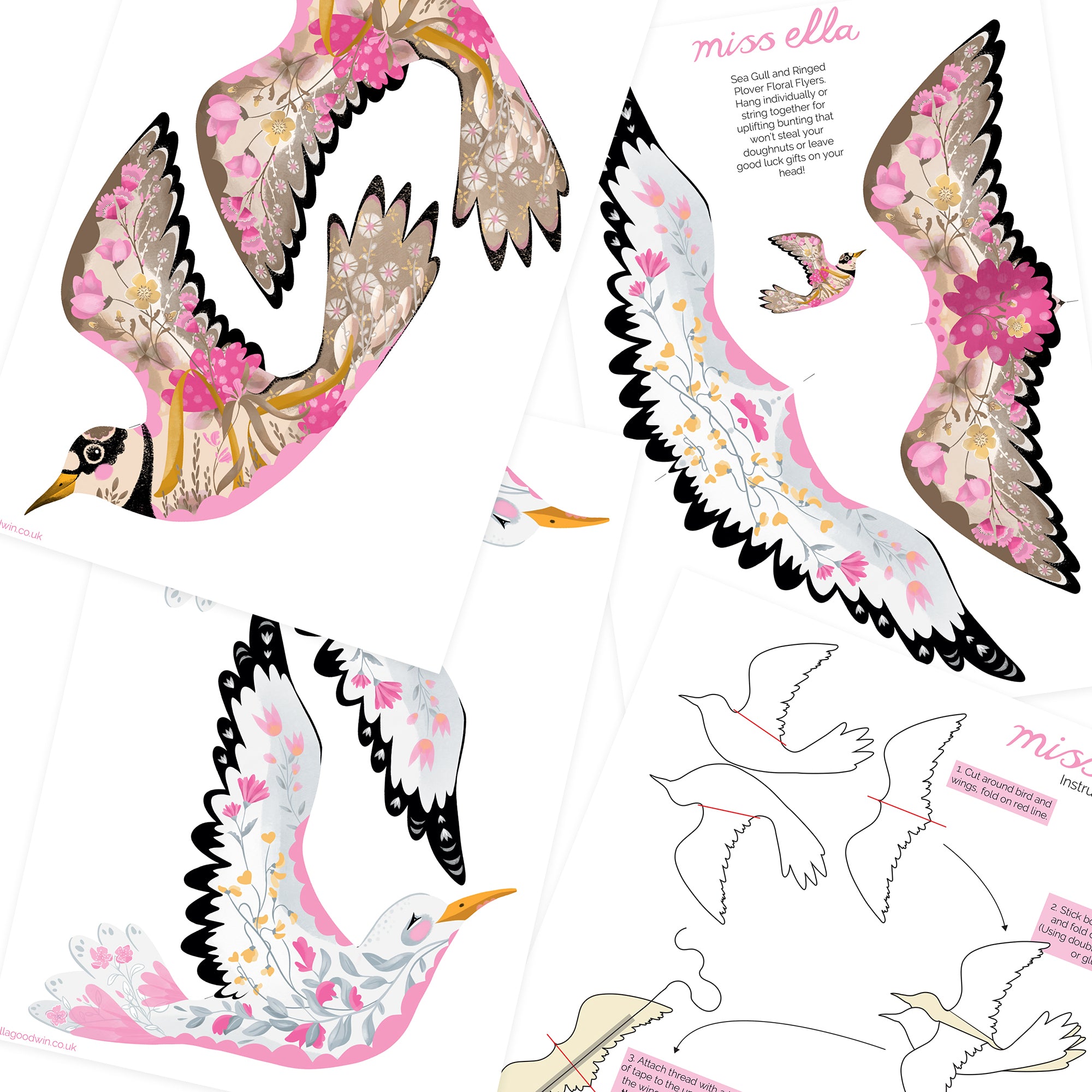 6 Bird Bunting DIY KIT - paper decorations - Floral Sea Gulls and Ringed Plover