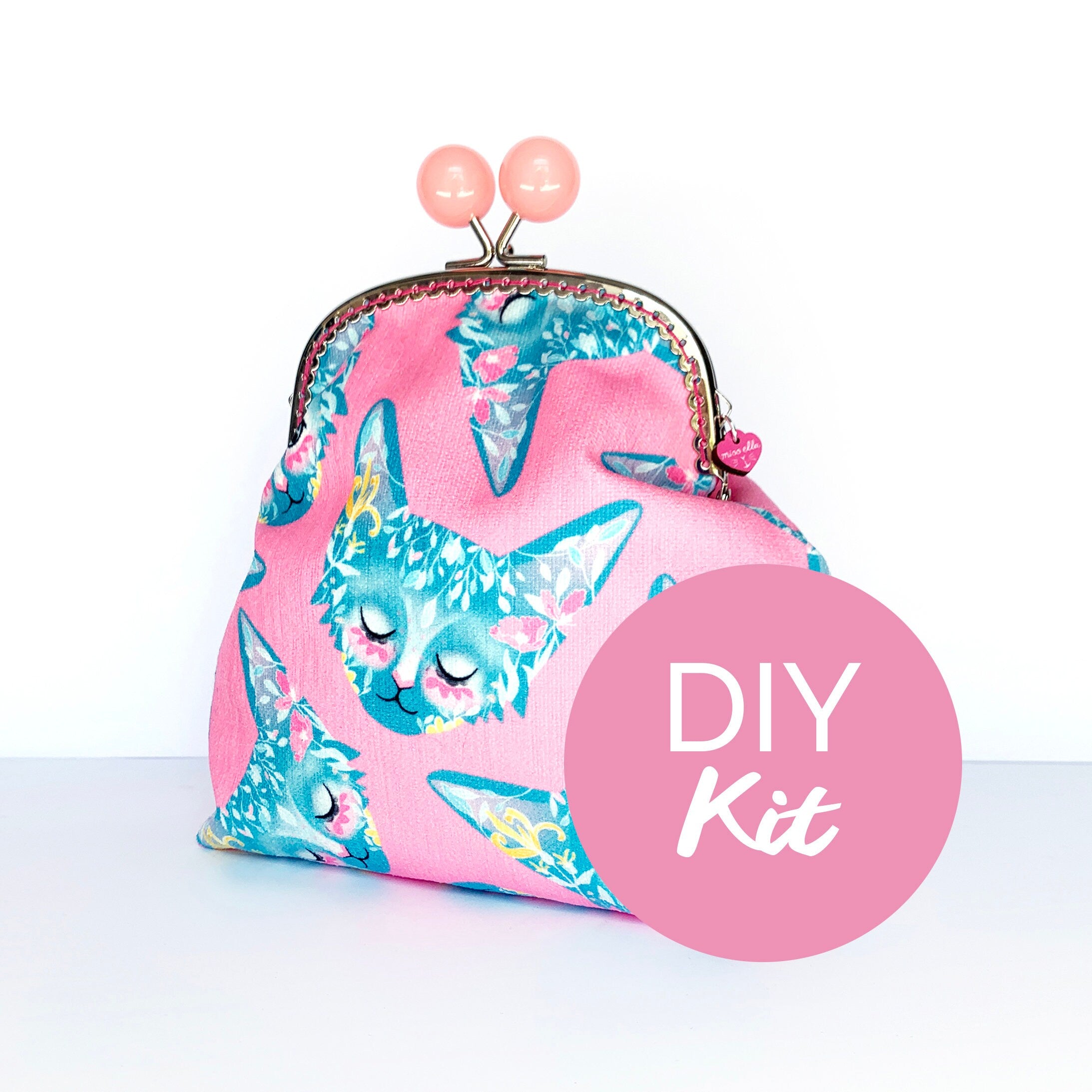DIY Kit - Pink Floral Cat Jumbo Bobble Purse