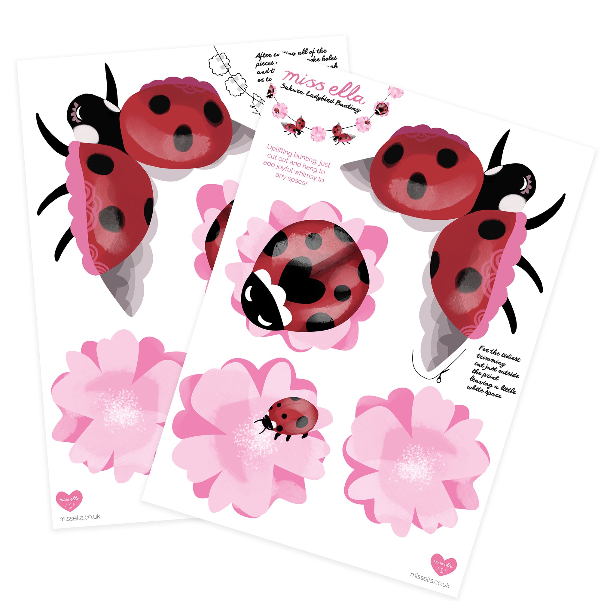 Ladybird Bunting - Card Ladybugs and Pink Sakura Flowers