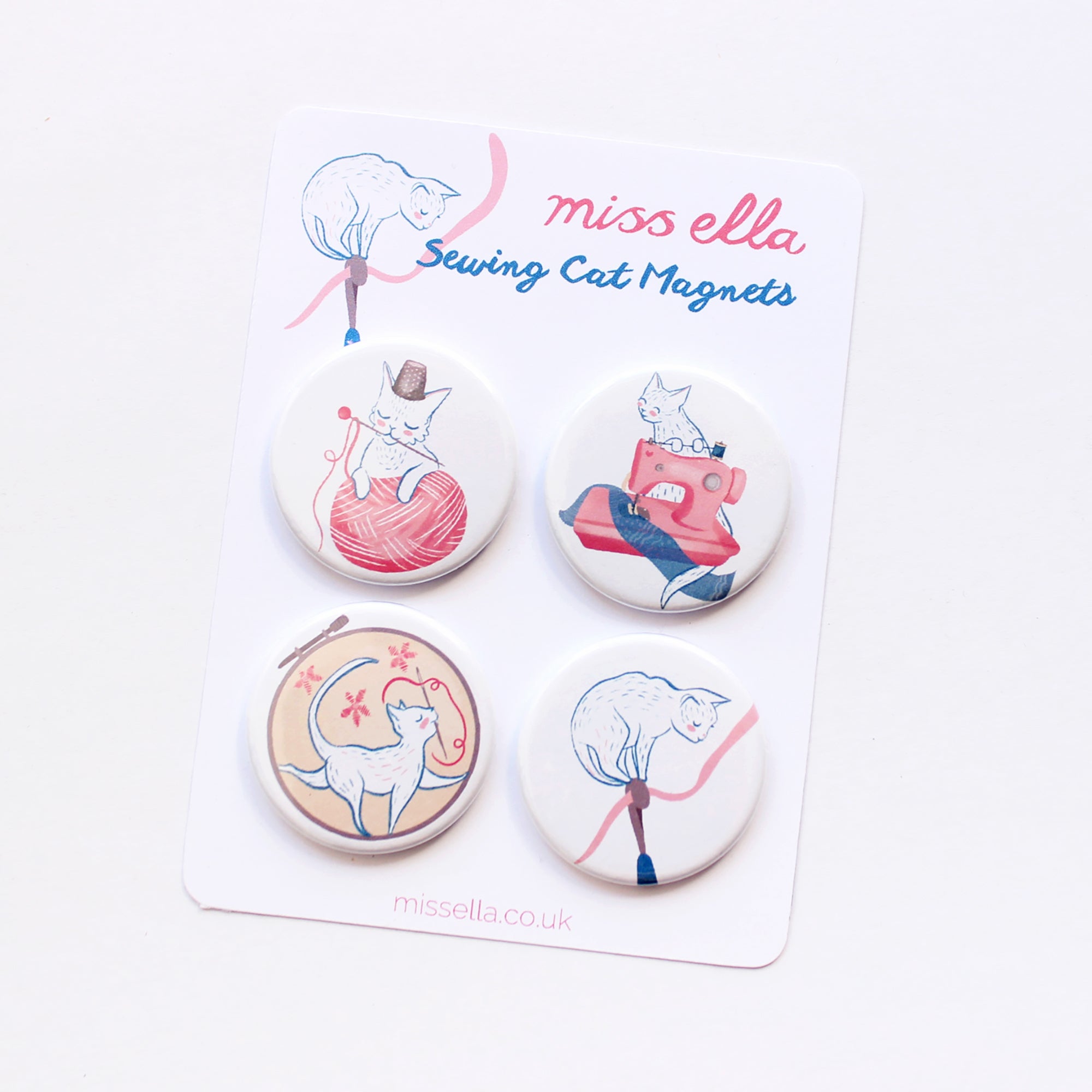 Sewing Cat Pin badges - Fridge magnets x 4
