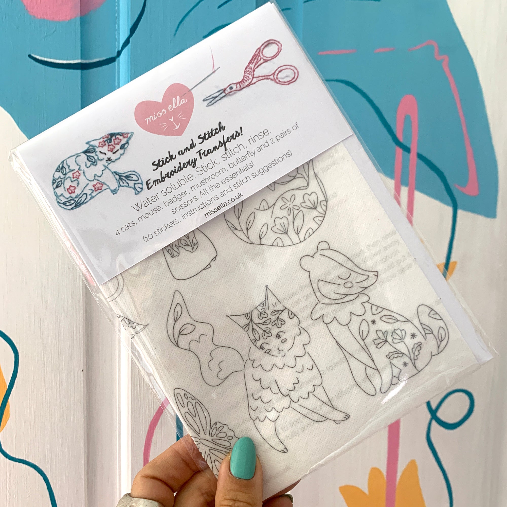 Stick and stitch embroidery patterns - cats, mushroom, scissors, mouse and badger! 10 designs