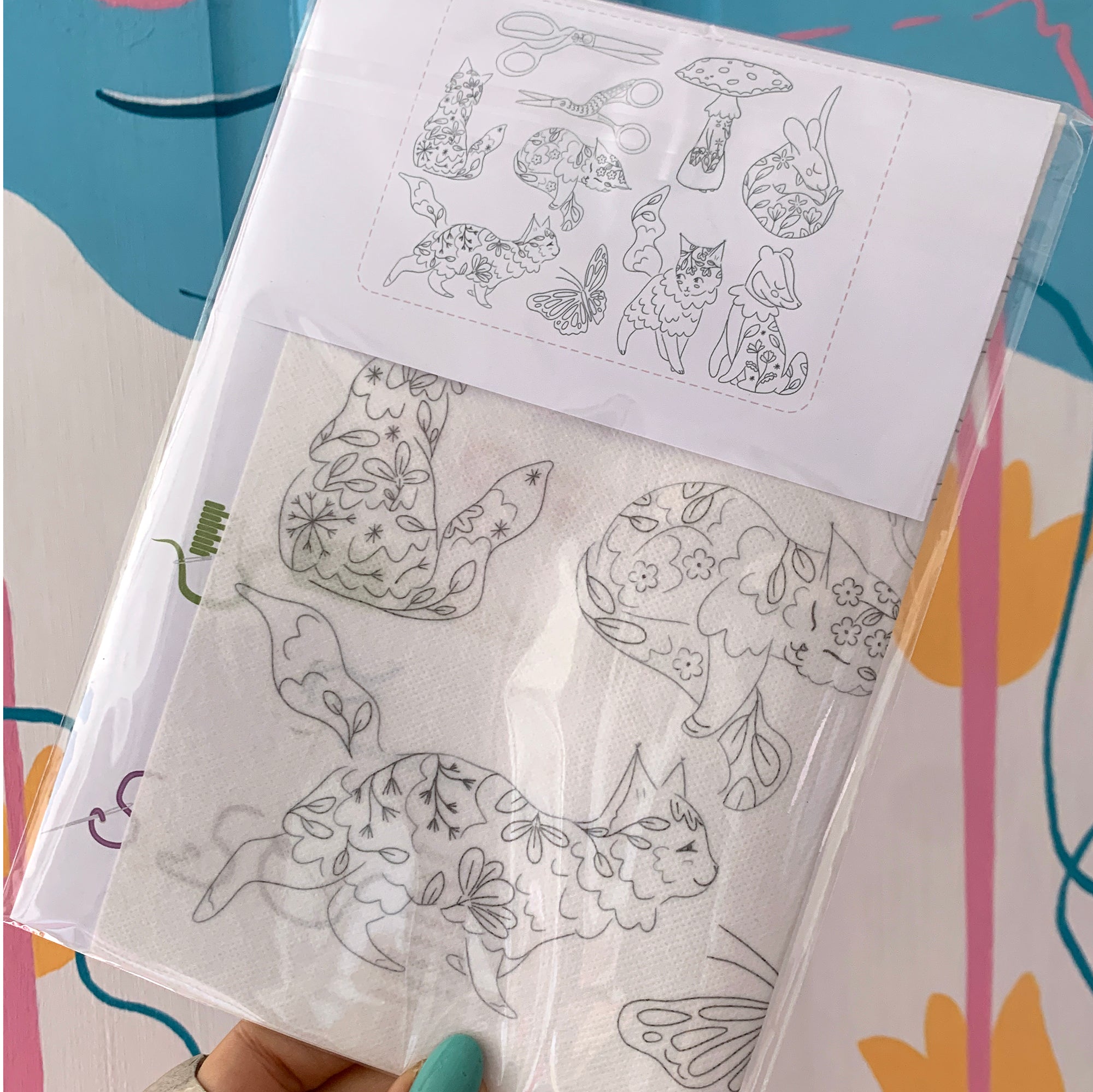 Stick and stitch embroidery patterns - cats, mushroom, scissors, mouse and badger! 10 designs