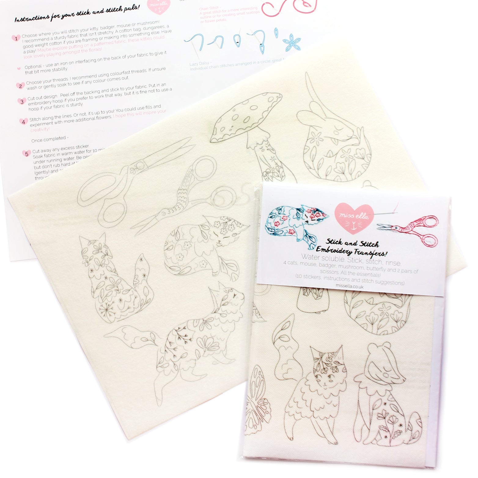 Stick and stitch embroidery patterns - cats, mushroom, scissors, mouse and badger! 10 designs