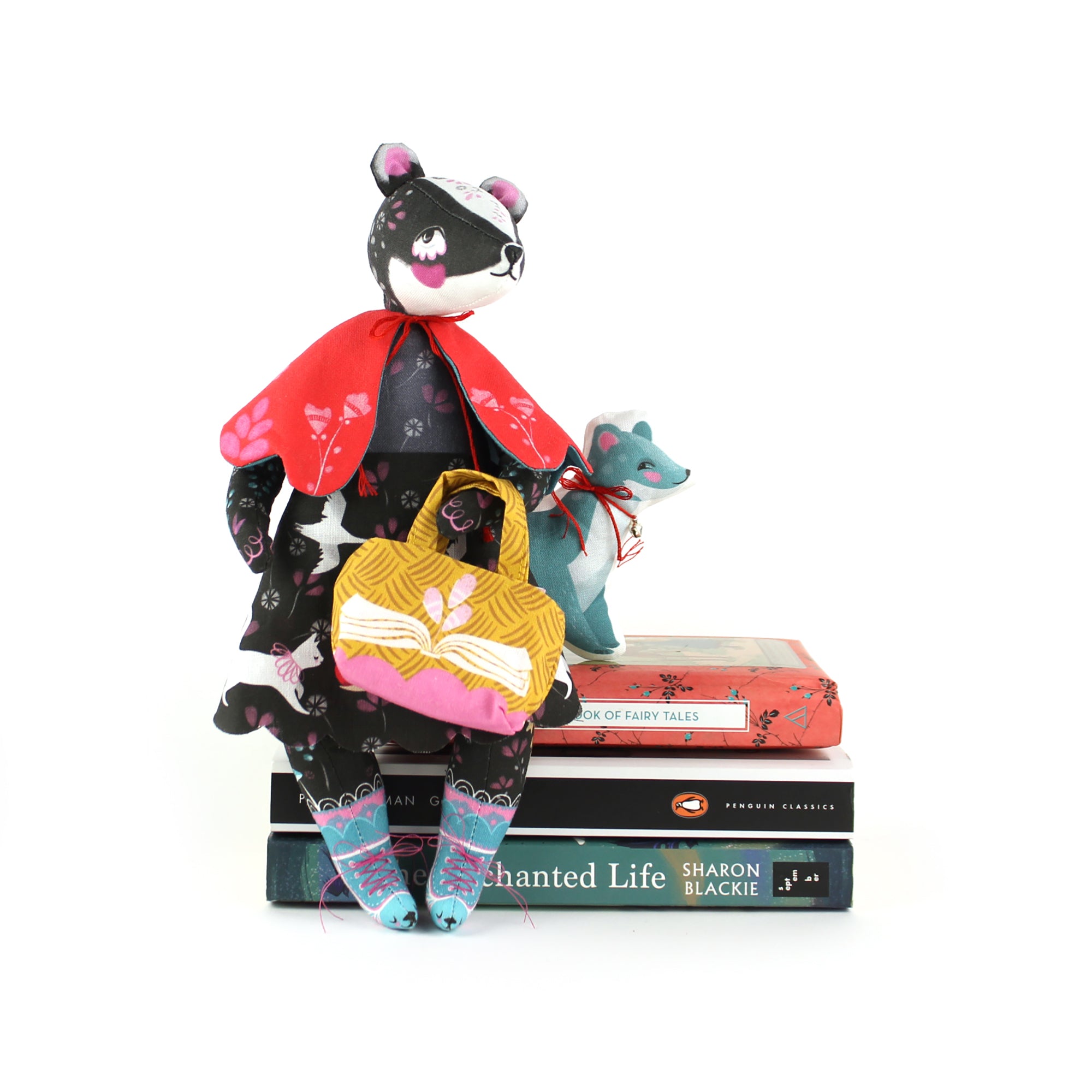 DIY Kit - Bibli the Badger Librarian and the singing Stoat with 2 fairytale books- sewing doll STUFFING NOT included FREE UK SHIPPING