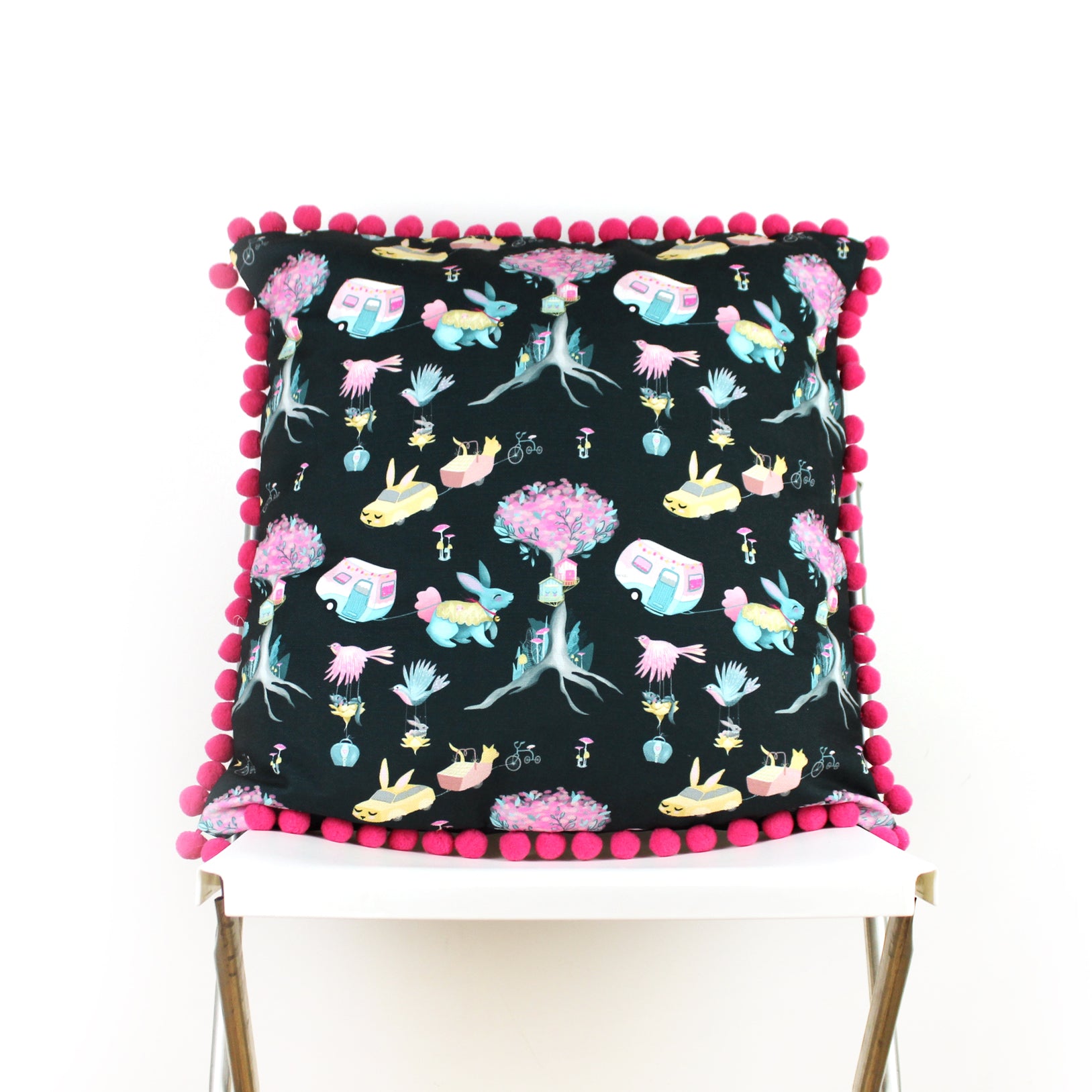 Dark Blue Bunnyville Biscuit Cushion Cover with Pink Pom Pom Trim