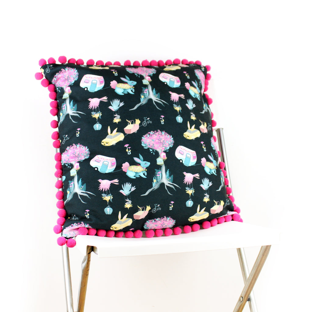 Dark Blue Bunnyville Biscuit Cushion Cover with Pink Pom Pom Trim