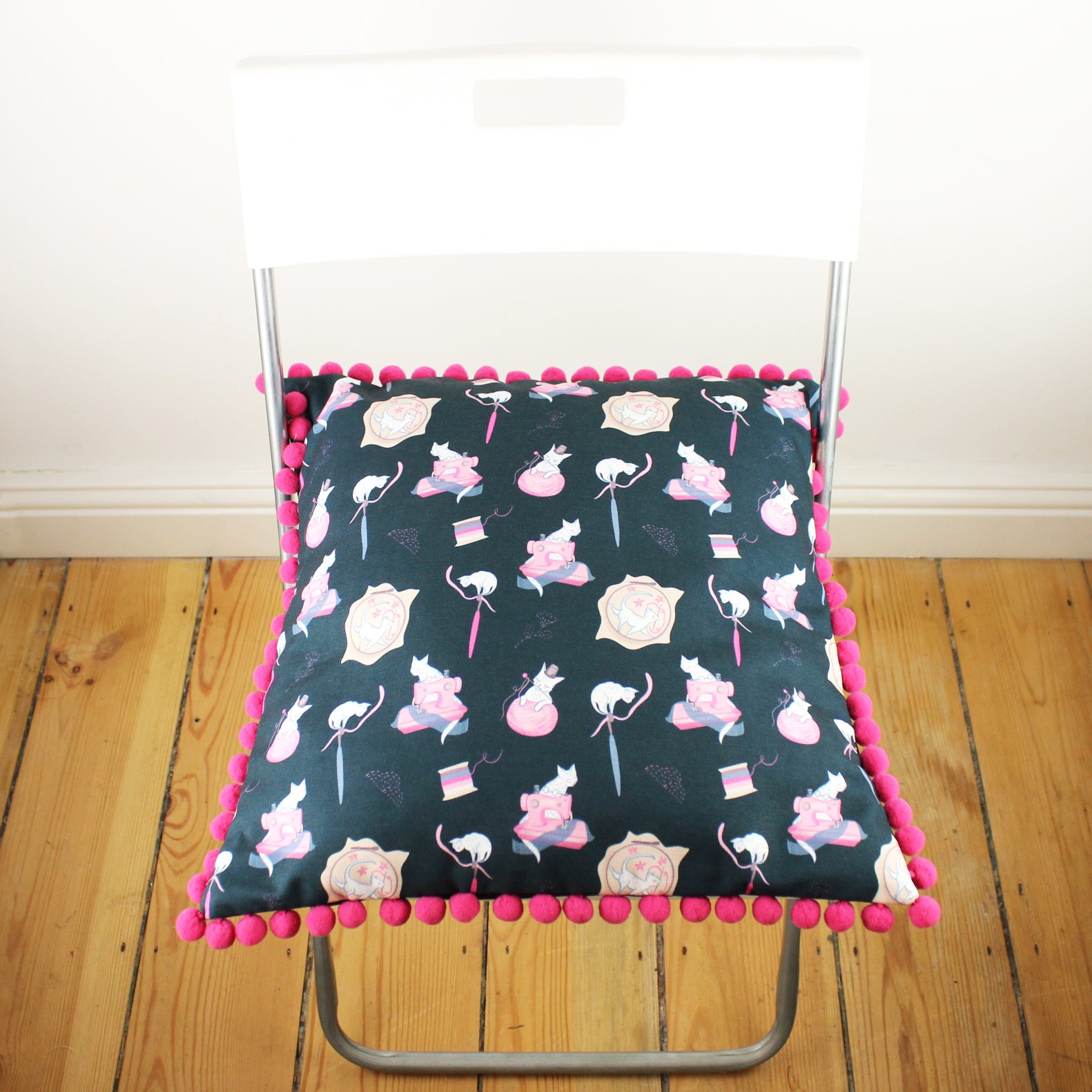 END OF LINE SALE Dark Blue Bunnyville Biscuit Cushion Cover with Pink Pom Pom Trim