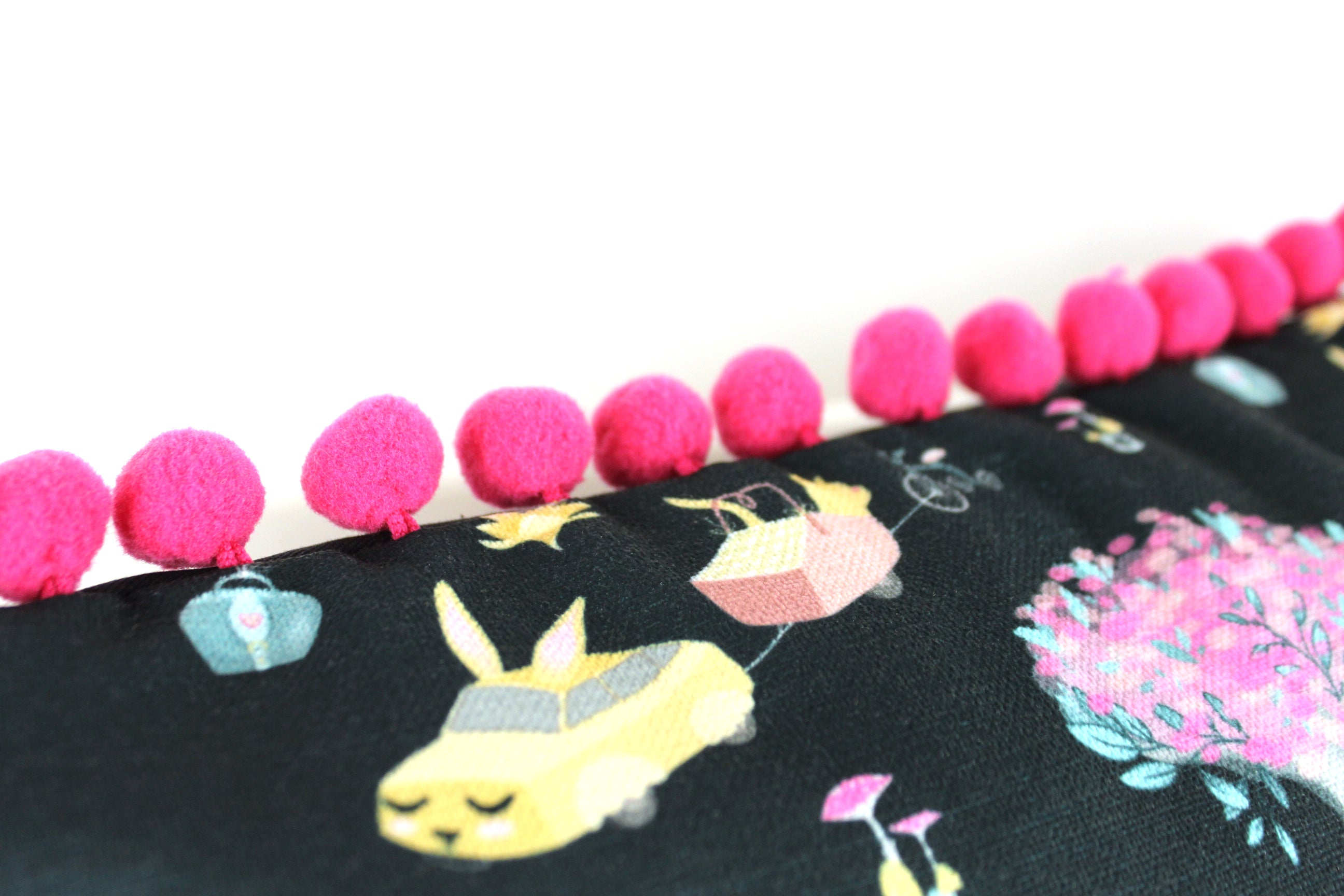 Dark Blue Bunnyville Biscuit Cushion Cover with Pink Pom Pom Trim