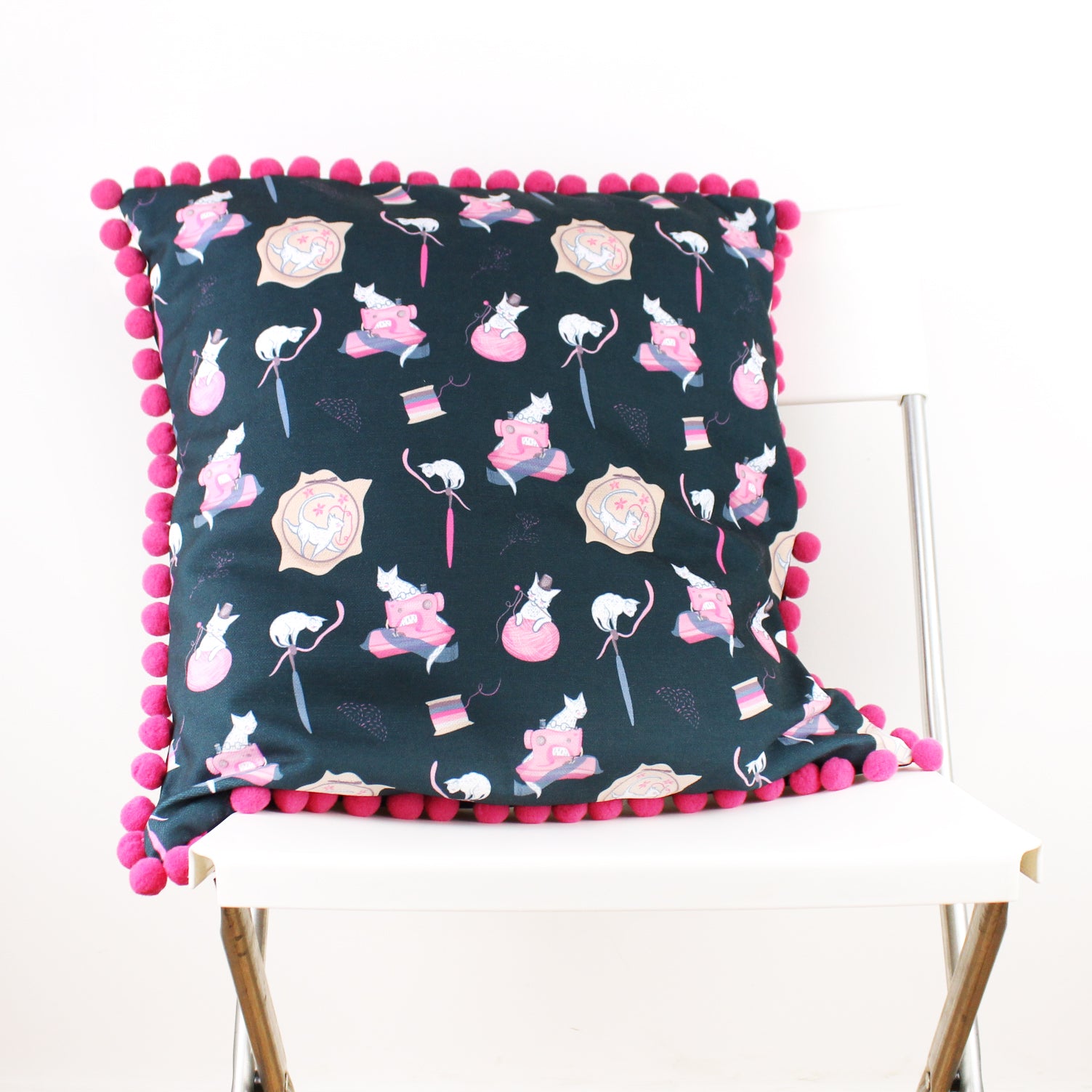 Dark Blue Sewing Cats Cushion Cover with Pink Pom Pom Trim