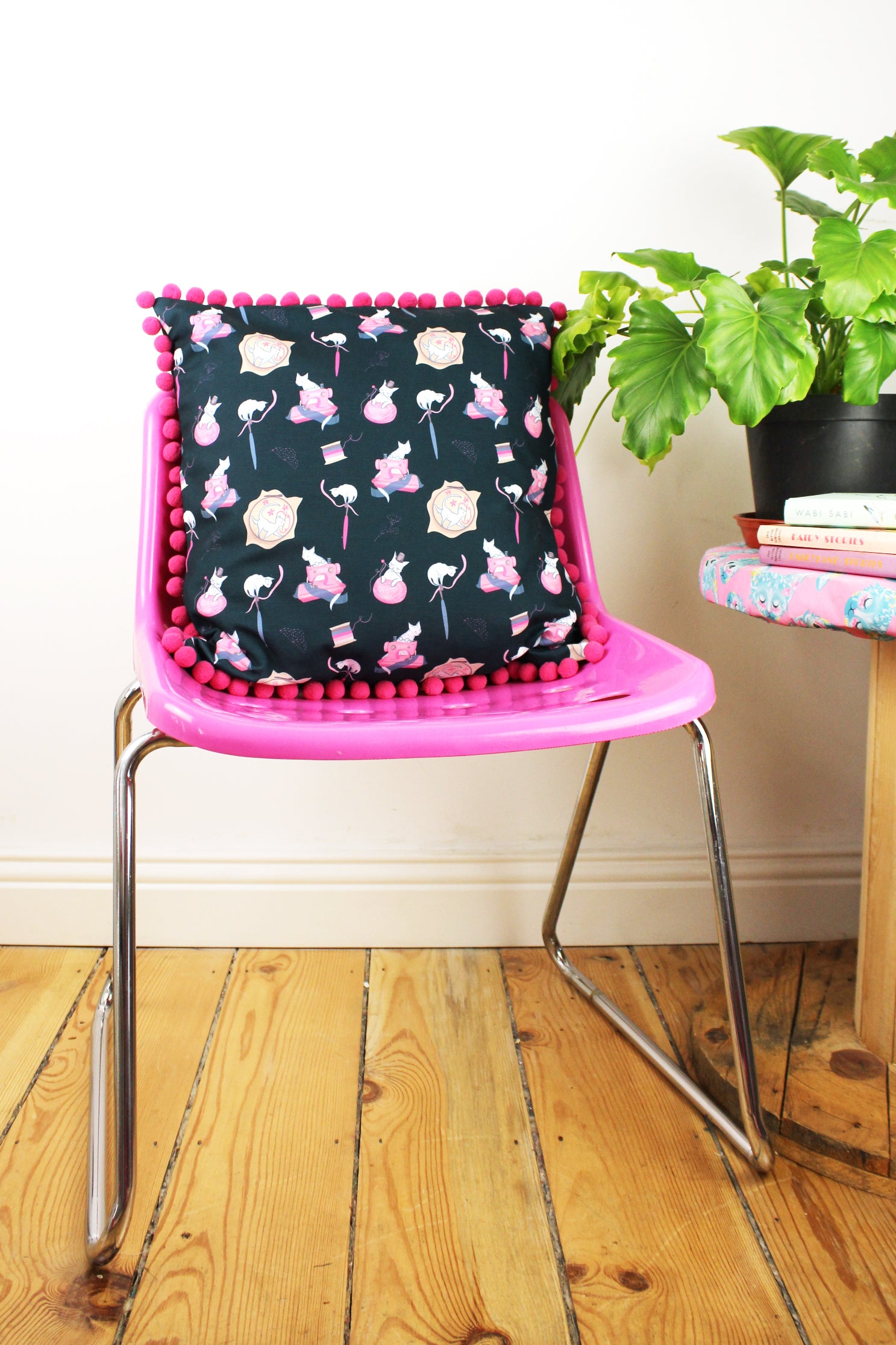 Dark Blue Sewing Cats Cushion Cover with Pink Pom Pom Trim