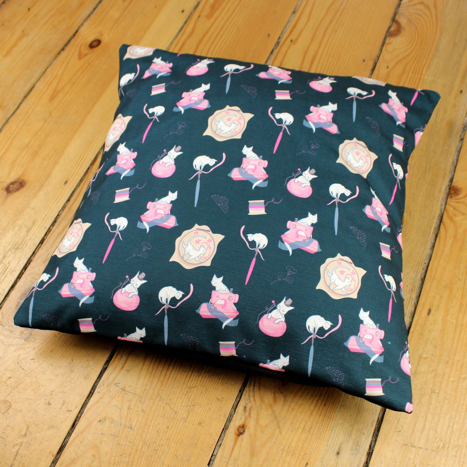 Dark blue Sewing Cats Cushion Cover