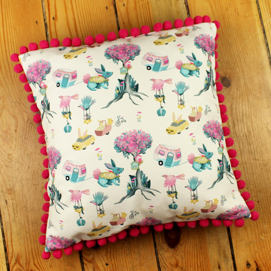 Pale Yellow Bunnyville Biscuit Cushion Cover with Pink Pom Pom Trim