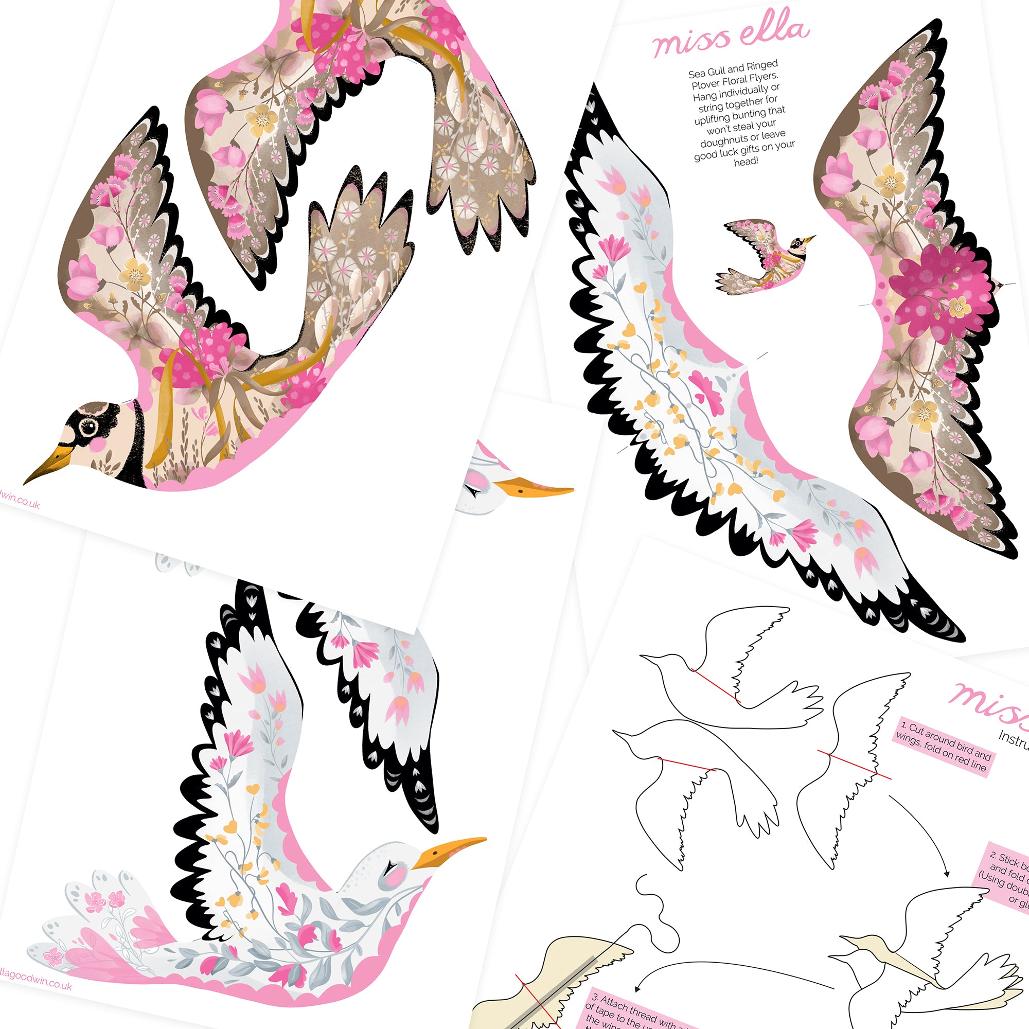 Bird Bunting DIY KIT - paper decorations - Floral Sea Gulls and Ringed Plover