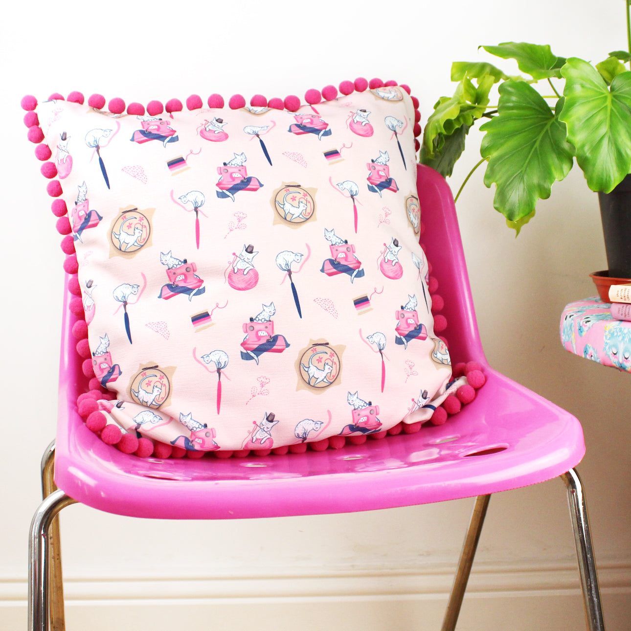 Pink Sewing Cats Cushion Cover with Pink Pom Pom Trim