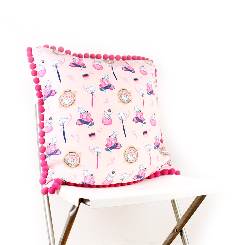 Pink Sewing Cats Cushion Cover with Pink Pom Pom Trim