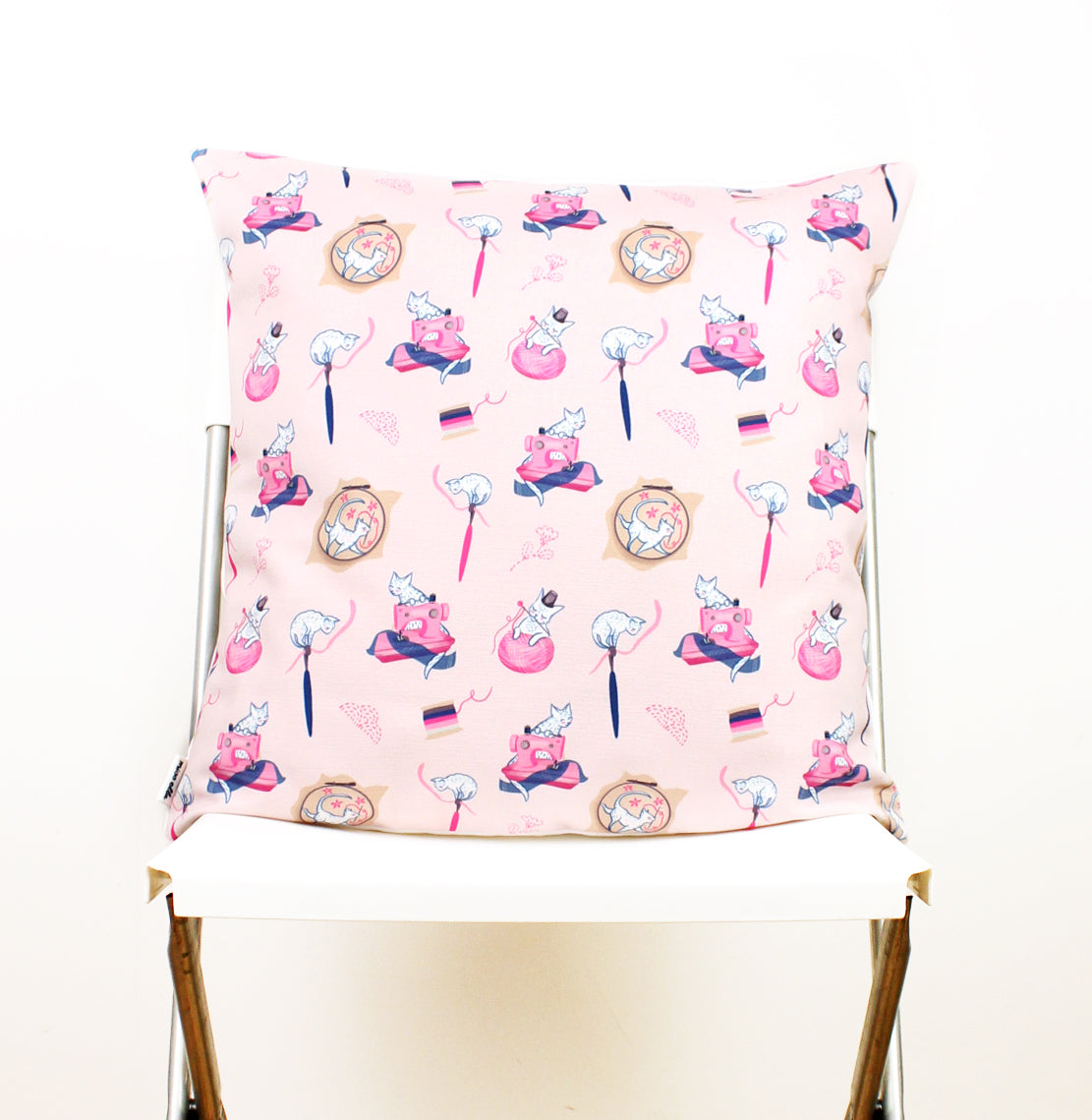 Light Pink Sewing Cats Cushion Cover
