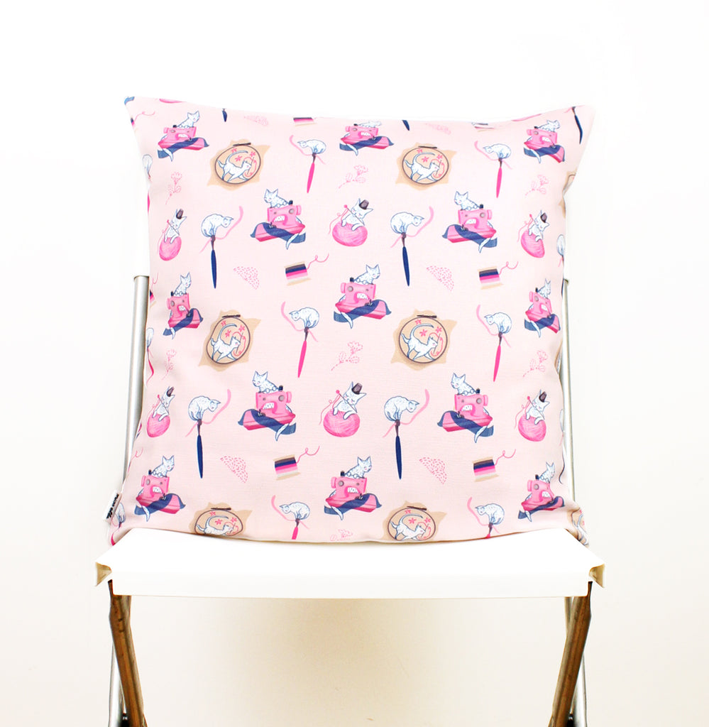 Light Pink Sewing Cats Cushion Cover