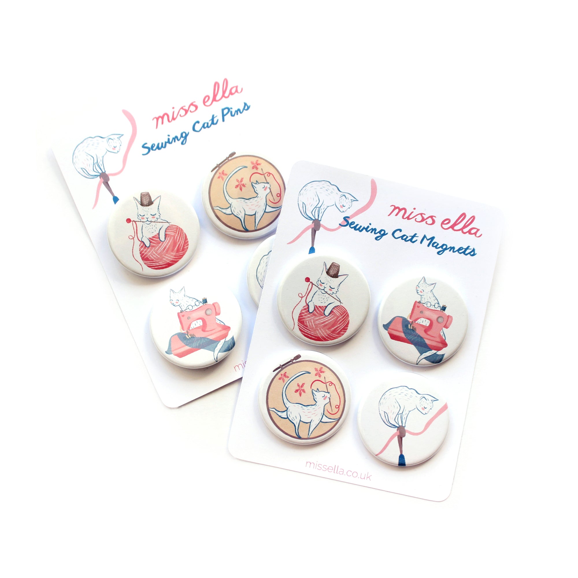 Sewing Cat Pin badges -  Fridge magnets x 4